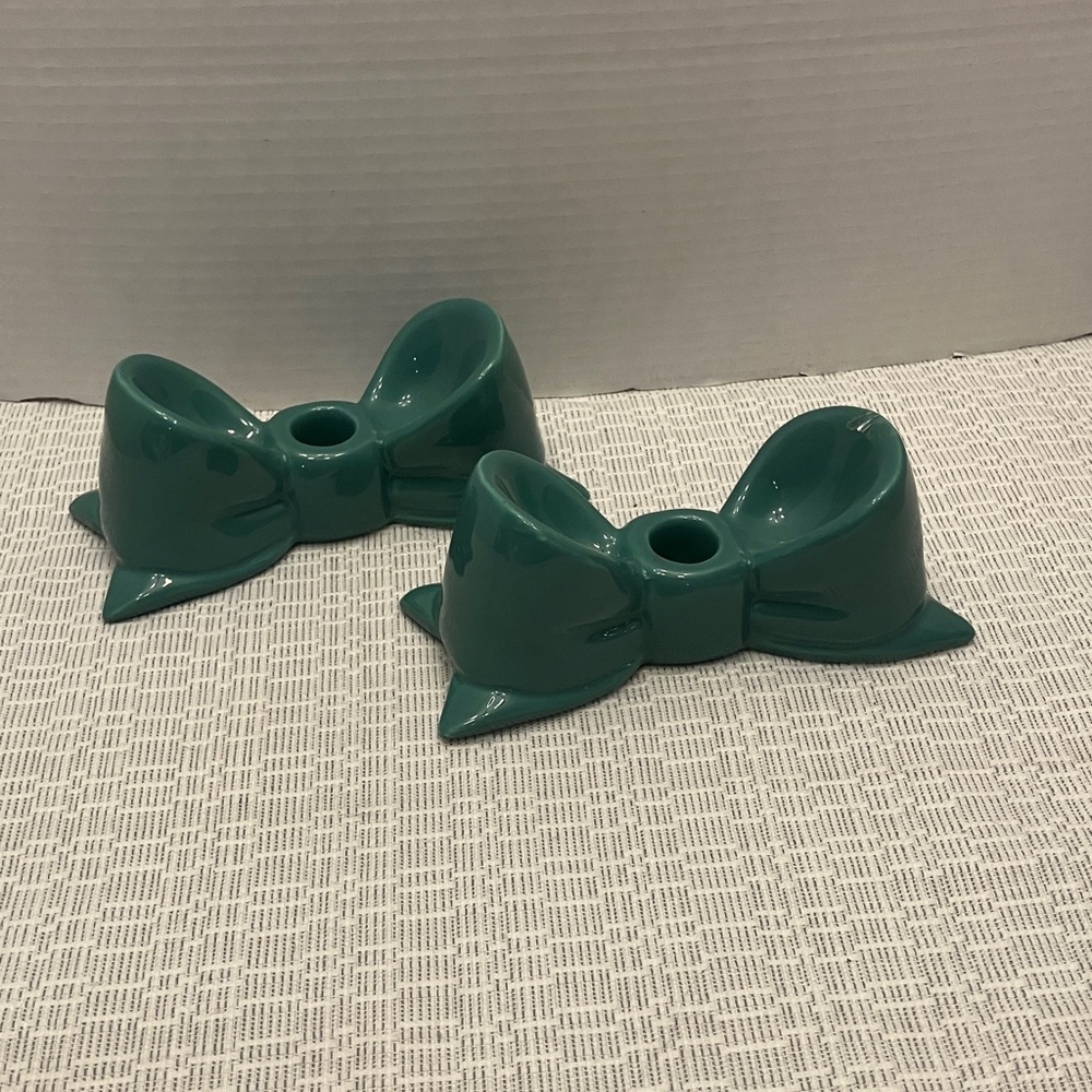Ceramic Bow Candle Holders in Teal - Pair